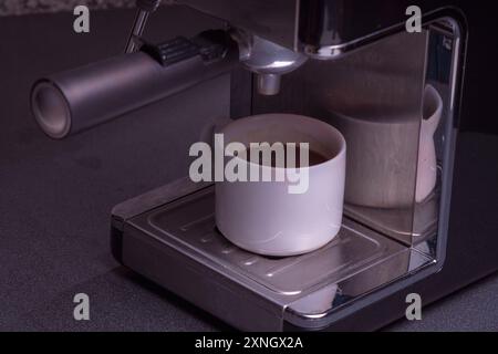 Woman Barista gestisce una macchina per preparare un caffè delizioso, primo piano di mani utilizzando la macchina per il caffè espresso. Foto Stock