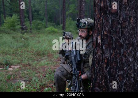 Due soldati della Task Force Guardian assaltano un obiettivo durante la rotazione del 41st Infantry Brigade Combat Team, 24-09, presso il Joint Readiness Training Center (JRTC) Fort Johnson, Laos, 23 luglio 2024. Task Force Guardian è composto da personale del 2nd Battalion, 162nd Infantry, 1st Battalion, 186th Infantry e 141st Brigade Support Battalion. L'obiettivo di JRTC è creare ambienti realistici che aiutino a preparare le unità per operazioni complesse. (Foto della Guardia Nazionale dell'Oregon Army di Kayla Fleshman, 115th Mobile Public Affairs Detachment) Foto Stock