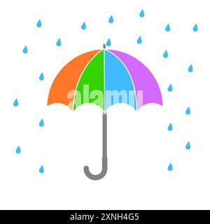 Ombrello colorato sotto la pioggia. Vettore cappottatura multicolore. Illustrazione delle gocce di pioggia blu. Simbolo di protezione contro le intemperie. Illustrazione Vettoriale