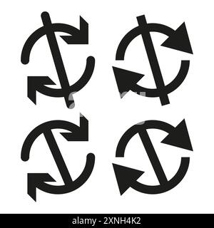 Icone di rotazione delle frecce. Quattro varianti. Bianco e nero. Simbolo vettoriale. Illustrazione Vettoriale