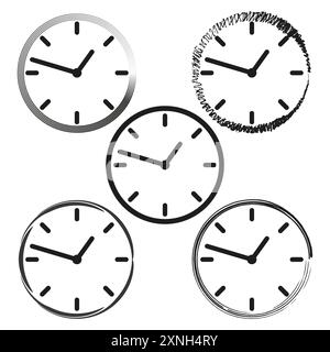 Set di icone dell'orologio disegnate a mano. Collezione di orologi analogici con vari stili artistici. Illustrazione vettoriale. Illustrazione Vettoriale