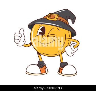 Cartoni animati di Halloween divertente personaggio emoji. Palla gialla con il sorriso e occhi espressivi, guanti e scarpe da ginnastica, con cappello da strega, con l'occhiolino e un Illustrazione Vettoriale