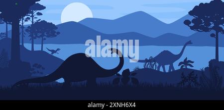 I dinosauri preistorici si stagliano nel paesaggio notturno del fiume, sullo sfondo vettoriale. Lucertole di dinosauro preistoriche dell'era giurassica e giganteschi rettili dinosauri con Illustrazione Vettoriale