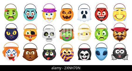 Secchi, sacchetti e cesti di caramelle di Halloween, set vettoriale isolato. Zombie, vampiro, mago e zucca. Fantasma, diavolo, angelo e gatto nero con pirata, SKU Illustrazione Vettoriale