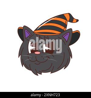 Personaggio cartoni animati nero di Halloween con occhi espressivi e cappello da strega a righe. Il simpatico gattino vettoriale isolato dà un aspetto malizioso. Illustrazione Vettoriale
