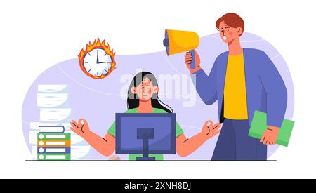 Armonia al lavoro. La donna siede al notebook e ignora le critiche dei capi. Meditazione in ufficio. Salute mentale e pace interiore. Relax sul posto di lavoro. Piatto Illustrazione Vettoriale