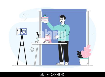 Uomo blog di cibo record. Il ragazzo con la torta in mano sta di fronte alla macchina fotografica. I blogger più popolari registrano master class, contenuti per i social network e. Illustrazione Vettoriale