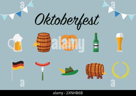 Set dell'Oktoberfest festival tedesco in stile cartoni animati. Tradizioni e beni culturali della Germania. bandiera, birra in botte, salsiccia su una forchetta, pretzel. Vettore Illustrazione Vettoriale