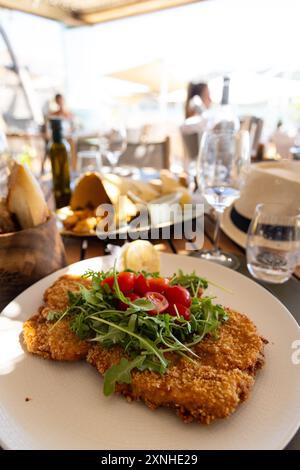 cotoletta di maiale impanata servita con insalata Foto Stock