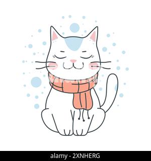 Carino adorabile personaggio di White Cat Cartoon che indossa una sciarpa in inverno con espressione sorridente Illustrazione Vettoriale