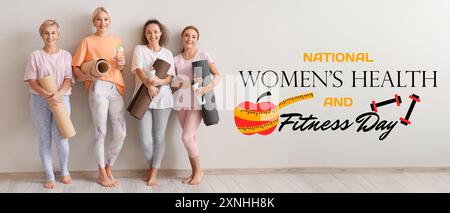 Banner per National Women's Health and fitness Day con donne sportive con tappetini da yoga Foto Stock