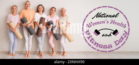 Banner per National Women's Health and fitness Day con donne sportive con tappetini da yoga Foto Stock