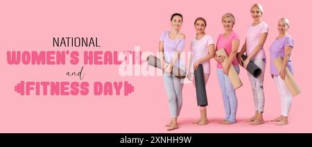 Banner per National Women's Health and fitness Day con donne sportive con tappetini da yoga Foto Stock