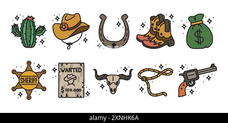 Set Wild West Doodle Illustrazione Vettoriale