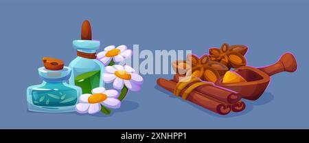 Ingredienti di erboristeria fissati isolati sullo sfondo. Illustrazione vettoriale di fiori di camomilla, essenza di olio in bottiglie di vetro sughero, bastoncini di cannella, anice, polvere di zenzero per trattamenti di bellezza spa Illustrazione Vettoriale