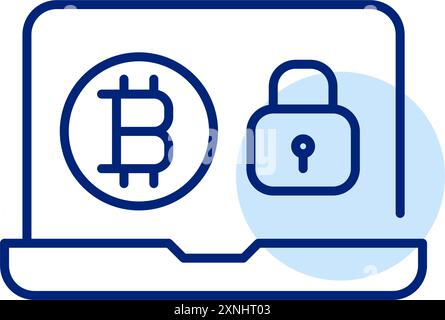 Laptop, simbolo bitcoin e lucchetto. Transazioni sicure in criptovaluta, account personale. Pixel Perfect, icona traccia modificabile Illustrazione Vettoriale