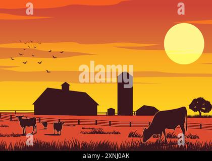 Design della silhouette della fattoria mentre le mucche mangiano l'erba all'ora del tramonto, illustrazione vettoriale Illustrazione Vettoriale