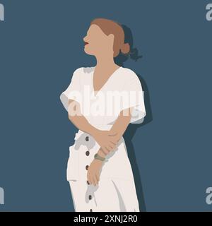 Una donna con un abito bianco che scorre si erge graziosamente accanto a un muro blu Foto Stock