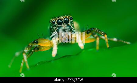 Primo piano un po' di Jumping Spider su una foglia verde, colorato ragno di salto. Foto Stock