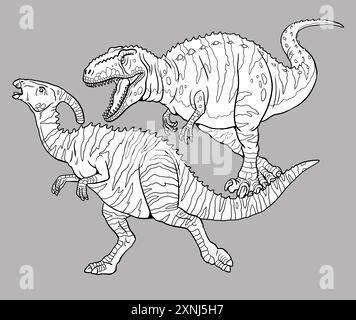 Caccia ai dinosauri. Giganotosaurus attacca il Parasaurolophus. Battaglia di dinosauri per colorare. Disegno con animali preistorici. Foto Stock