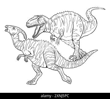 Caccia ai dinosauri. Giganotosaurus attacca il Parasaurolophus. Battaglia di dinosauri per colorare. Disegno con animali preistorici. Foto Stock