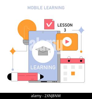 Concetto di apprendimento mobile. Formazione digitale tramite interfaccia smartphone con icone per lezioni, calendario e riproduzione video. Accessibilità all'e-learning. Illustrazione vettoriale. Illustrazione Vettoriale