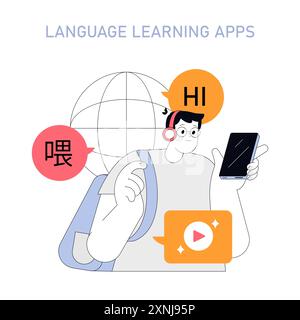 Concetto di app per l'apprendimento delle lingue. Una persona utilizza un'app mobile per l'istruzione multilingue. Le bolle vocali rappresentano lezioni interattive. Illustrazione vettoriale. Illustrazione Vettoriale