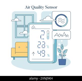 Concetto di tecnologia per il benessere. Sensore di qualità dell'aria per interni che visualizza i livelli di temperatura e umidità, garantendo un ambiente domestico sano. Illustrazione vettoriale. Illustrazione Vettoriale