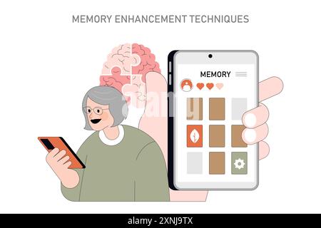 Concetto di invecchiamento positivo. Donna anziana che utilizza un'app di potenziamento della memoria per promuovere la salute cognitiva, con grafica cerebrale. Impegnarsi in esercizi cerebrali digitali. Illustrazione vettoriale. Illustrazione Vettoriale