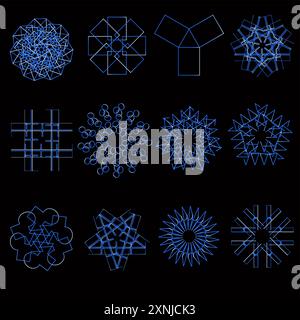 Set di adesivi brutalisti con insolite forme blu e bianche su sfondo nero. Design geometrici unici, arte moderna astratta e vettore minimalista Illustrazione Vettoriale