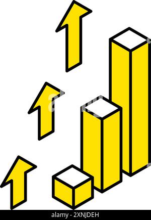 Grafico a barre che mostra un rapido aumento, icone commerciali per obiettivi, raggiungimento degli obiettivi e obiettivo, illustrazioni isometriche, illustrazione vettoriale Illustrazione Vettoriale