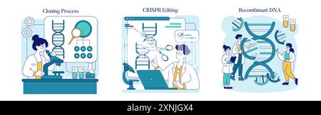 Set di biotecnologie. Scienziati impegnati nella clonazione, nell'editing del gene CRISPR e nella tecnologia del DNA ricombinante. Ricerca e innovazione in genetica. Illustrazione vettoriale. Illustrazione Vettoriale