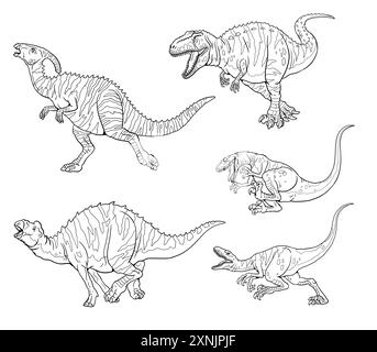 Caccia ai dinosauri. Velociraptor e Giganotosaurus attaccano Parasaurolophus ed Edmontosaurus. Illustrazione dei dinosauri. Foto Stock