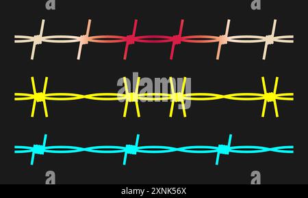 Filo metallico con punte e punte per bordi in acciaio, recinzione carceraria e barriera militare. Illustrazione Vettoriale