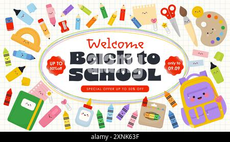 Banner di ritorno a scuola con materiale scolastico. Graziosa illustrazione vettoriale in stile Flat kawaii Illustrazione Vettoriale