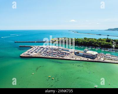 Weymouth Beachat estate da un drone, Esplanade, Weymouth, Dorset, Inghilterra Foto Stock