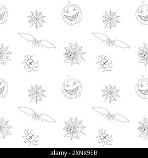 Divertente pagina colorata a tema Halloween con zucche, pipistrelli, ragni e ragnatele. Perfetto per attività per bambini e divertimento spaventoso. Illustrazione Vettoriale