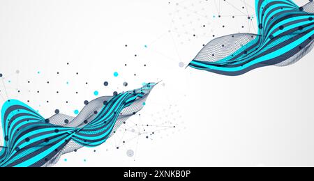 Sfondo ondulato astratto con linee ciano e onda a reticolo. Vettore disegnato a mano. Illustrazione Vettoriale