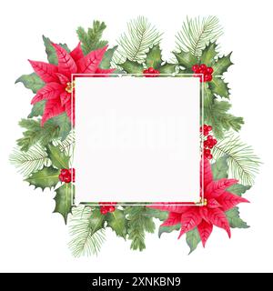 Cornice quadrata con fiore di punta, bacche agrifoglio, foglie con rami di conifere. Illustrazione acquerello, marcatori. Sfondo natalizio per l'inverno Foto Stock