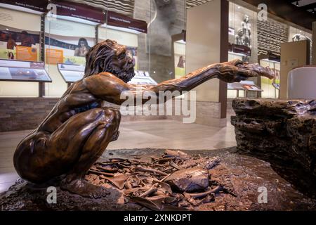 WASHINGTON DC, Stati Uniti — Una statua che rappresenta l'Homo heidelbergensis in mostra allo Smithsonian National Museum of Natural History. Questa ricostruzione raffigura un'importante specie di antenati umani vissuta tra 700.000 e 200.000 anni fa. La mostra fa parte della David H. Koch Hall of Human Origins, che esplora l'evoluzione umana attraverso varie esposizioni e manufatti. Foto Stock