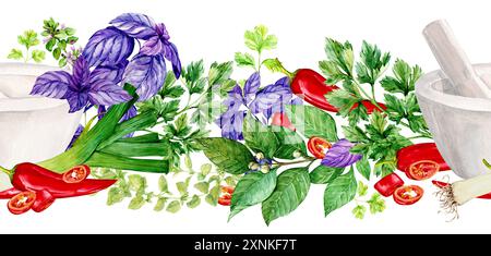 Motivo senza cuciture con erbe e Malta da cucina. Rosmarino, timo, peperoncino, basilico, menta, foglia di baia, coriandolo, prezzemolo, paprika. Illustrazione acquerello. SP Foto Stock