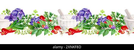 Motivo senza cuciture con erbe e Malta da cucina. Rosmarino, timo, peperoncino, basilico, menta, foglia di baia, coriandolo, prezzemolo, paprika. Illustrazione acquerello. SP Foto Stock