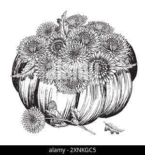 Zucca con fiori. Illustrazione grafica, disegnata a mano con inchiostro nero, disegno lineare monocromatico. Foto Stock