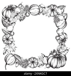 Cornice autunnale con fiori e zucche. Illustrazione grafica, disegnata a mano con inchiostro nero, disegno lineare monocromatico. Foto Stock