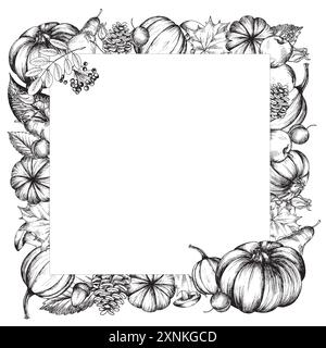 Cornice autunnale con fiori e zucche. Illustrazione grafica, disegnata a mano con inchiostro nero, disegno lineare monocromatico. Foto Stock