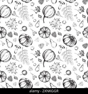 Motivo senza cuciture con zucche, raccolta autunnale. Illustrazione grafica, disegnata a mano con inchiostro nero, disegno lineare monocromatico. Foto Stock