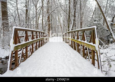 ARLINGTON, Virginia, Stati Uniti - Una scena invernale innevata nel Rock Spring Park cattura la serena bellezza di Arlington, Virginia. Il parco, coperto di neve, mette in mostra il tranquillo e pittoresco paesaggio invernale, invitando i visitatori a praticare attività all'aperto e la bellezza naturale della stagione. Foto Stock