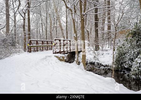 ARLINGTON, Virginia, Stati Uniti - Una scena invernale innevata nel Rock Spring Park cattura la serena bellezza di Arlington, Virginia. Il parco, coperto di neve, mette in mostra il tranquillo e pittoresco paesaggio invernale, invitando i visitatori a praticare attività all'aperto e la bellezza naturale della stagione. Foto Stock