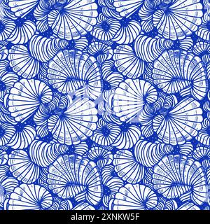 Motivo a conchiglia blu azzurro bianco con sfondo batik senza cuciture in lino, moderno cottage costiero sulla spiaggia rustico stampa a conchiglia design a motivi per la casa Foto Stock