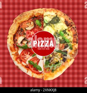 Mescolare fette di pizze diverse su sfondo rosso a scacchi. Design di volantini o poster con spazio per il testo Foto Stock